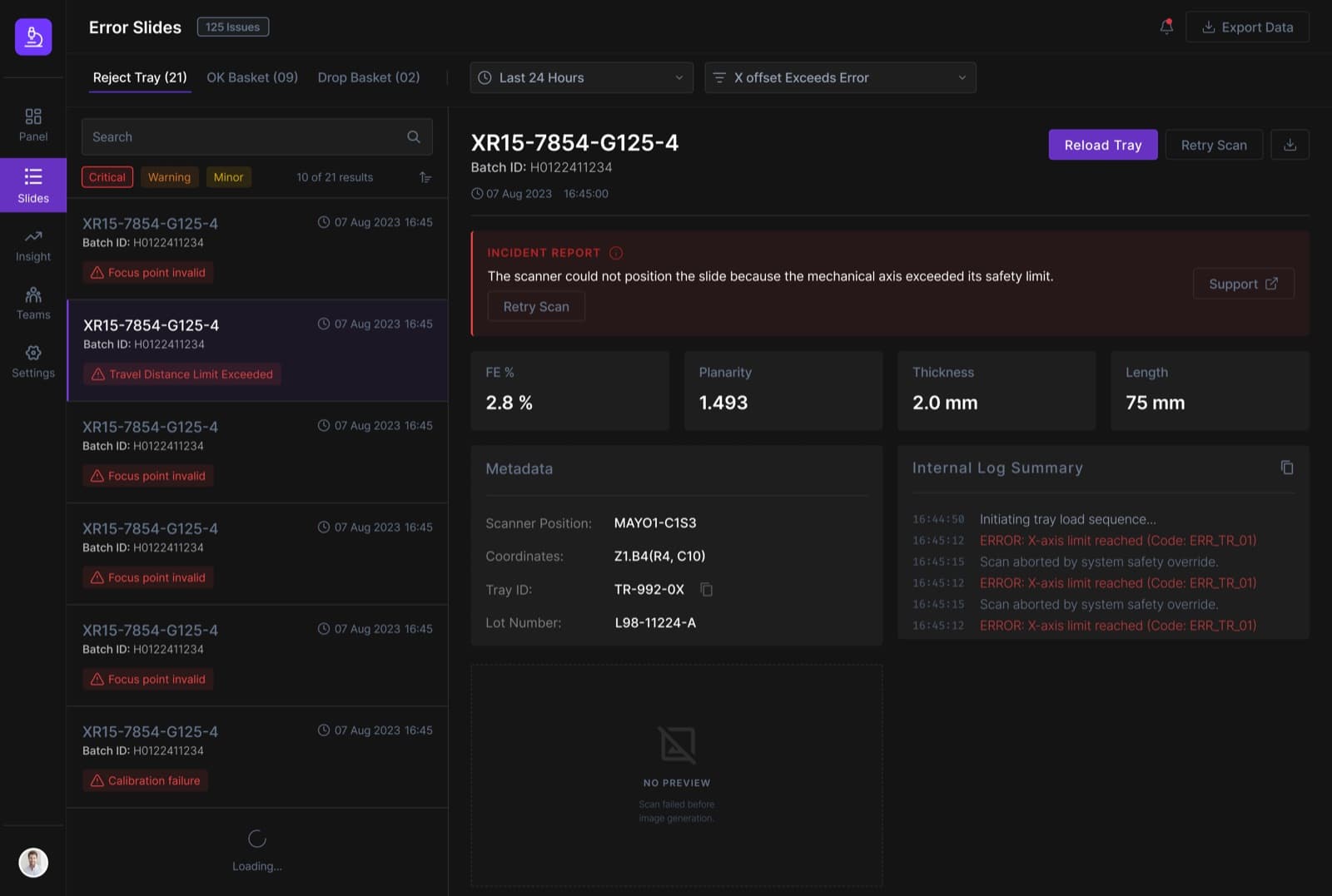 Redesigned Error Slides workspace with a master list of slides and a detailed diagnostic panel