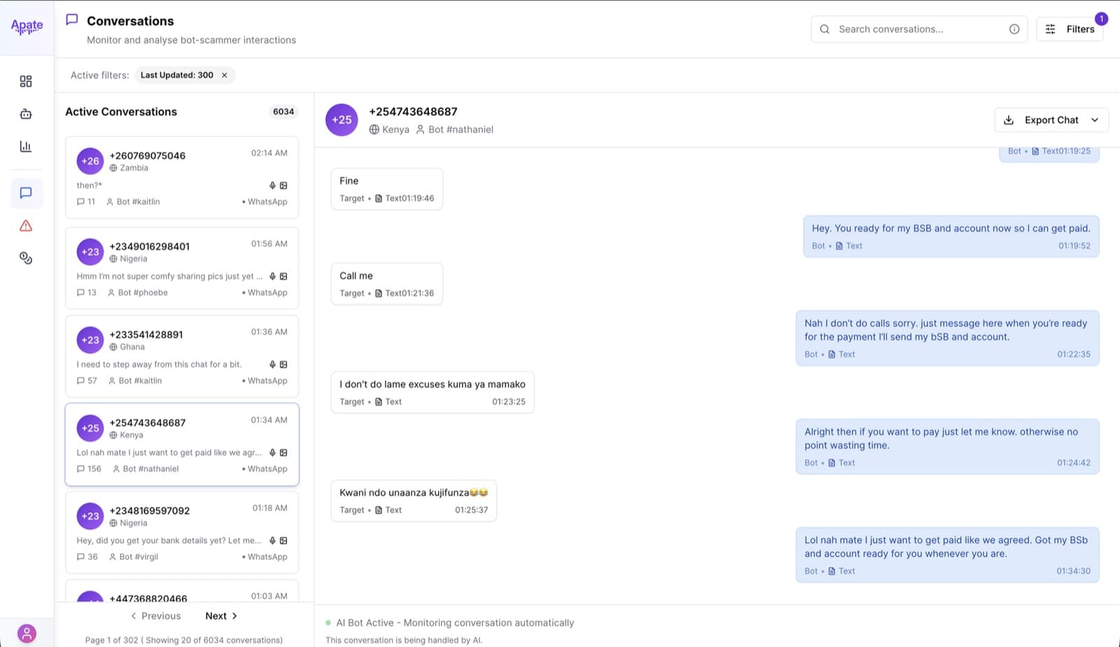 Conversations screen showing a live bot-scammer WhatsApp-style chat thread with timestamps and platform labels