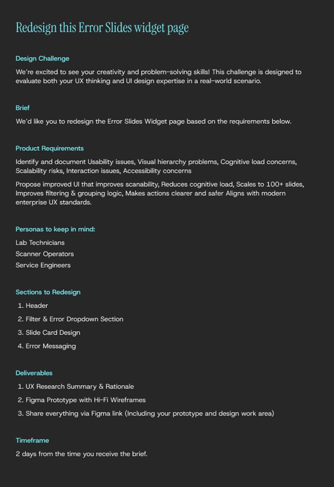 The original take-home design challenge brief, listing the design challenge, product requirements, personas, and deliverables