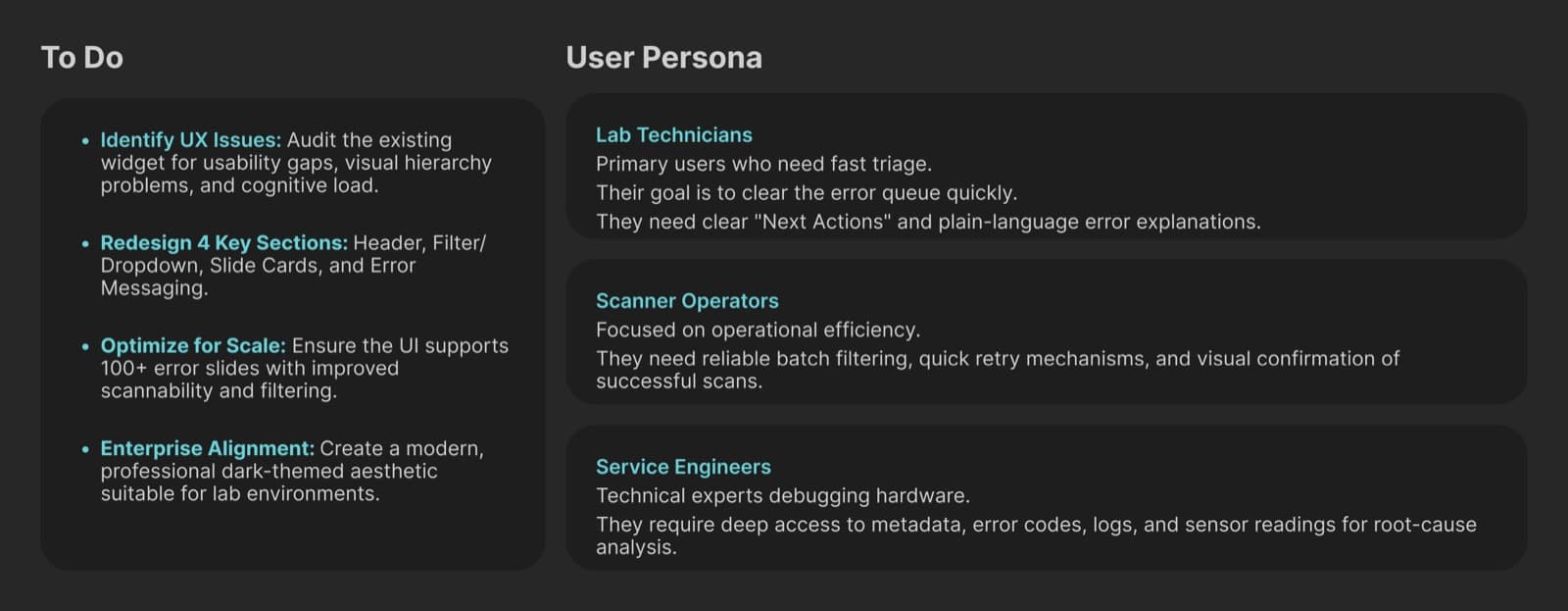Document listing the assignment scope and three user personas: lab technicians, scanner operators, and service engineers