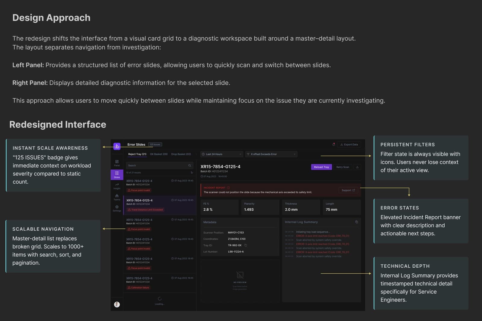 Annotated redesigned interface showing persistent filters, an elevated error state, scalable navigation, and technical depth for service engineers