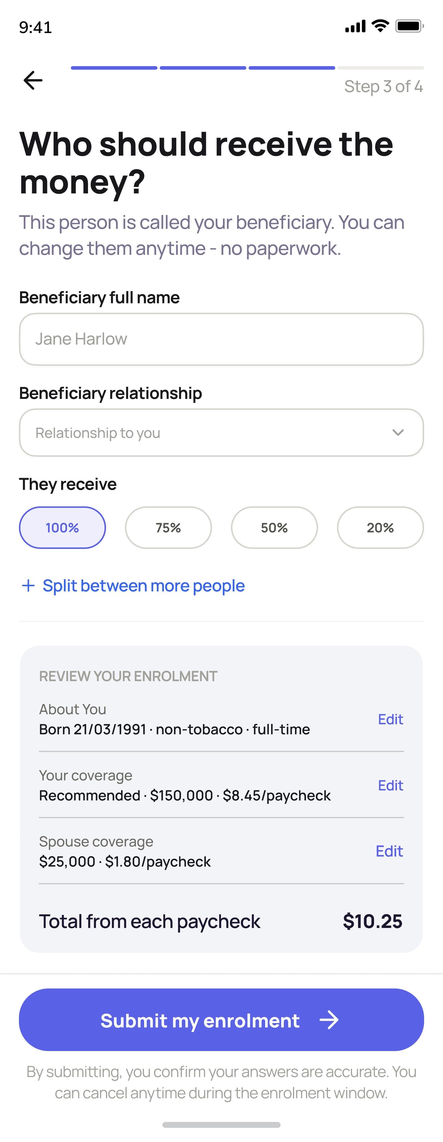 Who should receive the money screen with beneficiary details and a Review Your Enrolment summary with inline Edit links, ending in a Submit button