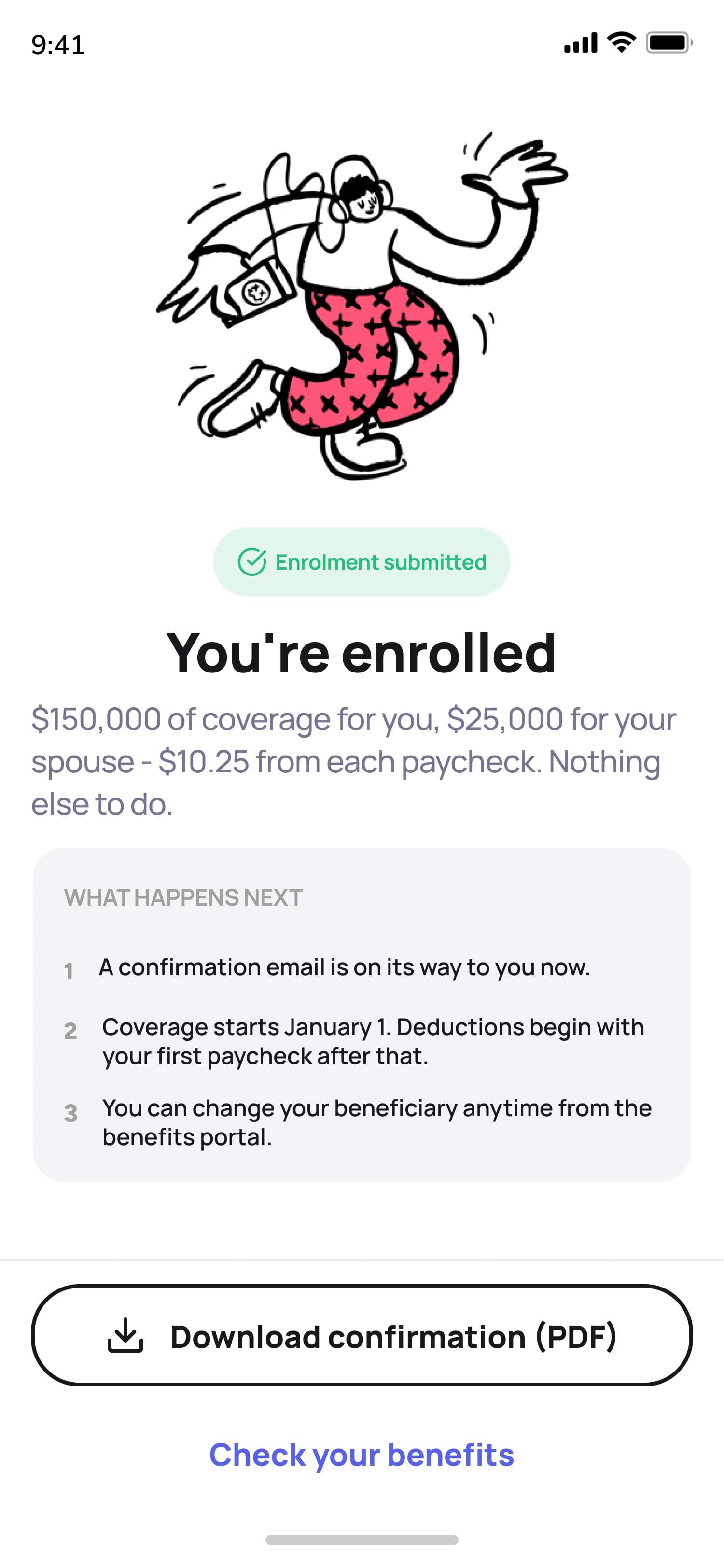You're enrolled confirmation screen with coverage and cost summary, a What Happens Next list, and a Download confirmation PDF button