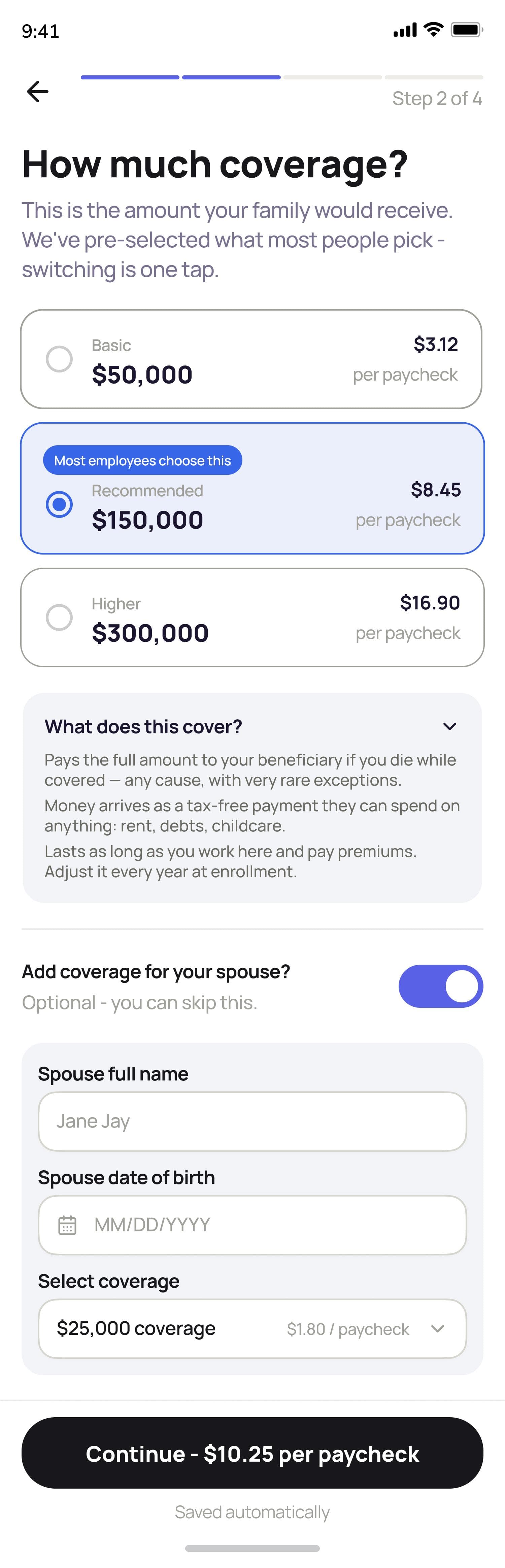 Same coverage screen with the spouse toggle on, revealing spouse name, date of birth, and coverage amount fields