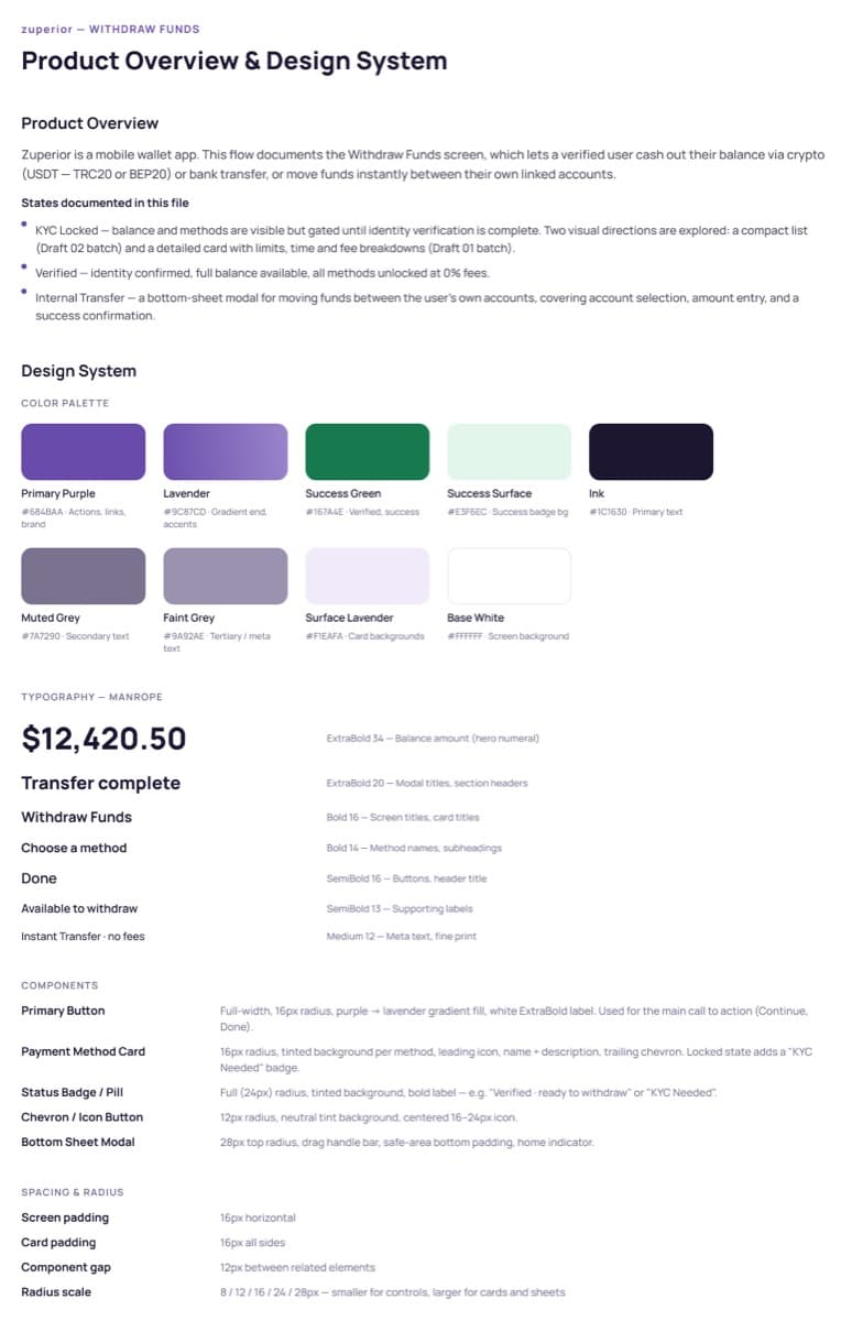 Design system documentation page showing the color palette, Manrope typography scale, and component specs