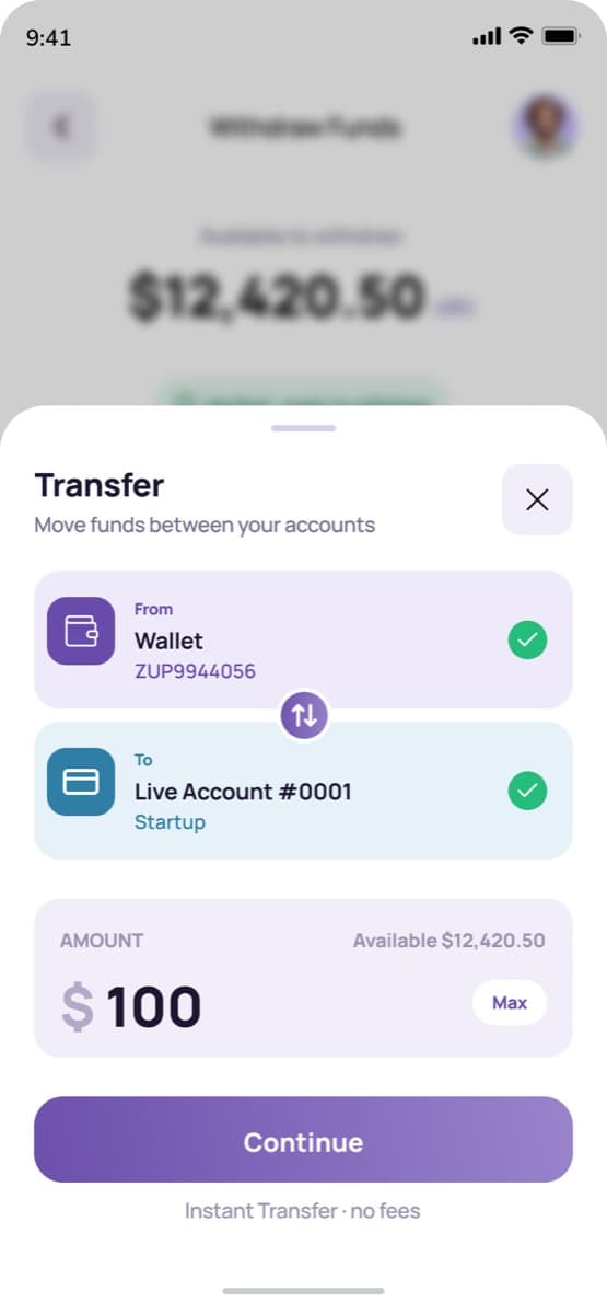 Transfer sheet with amount entry showing $100, a Max shortcut, and available balance
