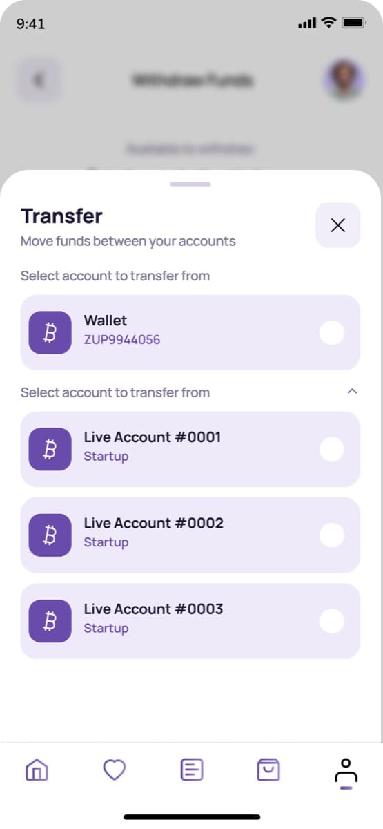 Transfer bottom sheet with account selection, showing Wallet and three Live Accounts as transfer destinations