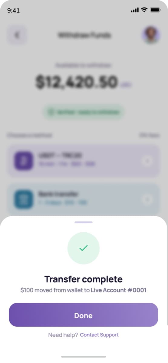 Transfer complete confirmation sheet showing $100 moved from wallet to Live Account #0001